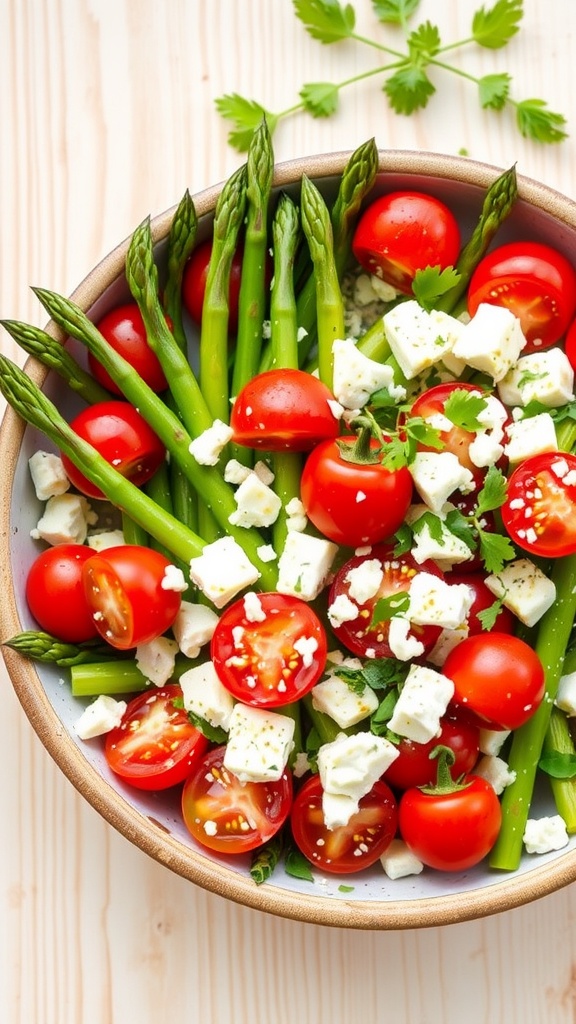 A refreshing salad with asparagus, cherry tomatoes, and feta cheese, garnished with herbs on a wooden table.